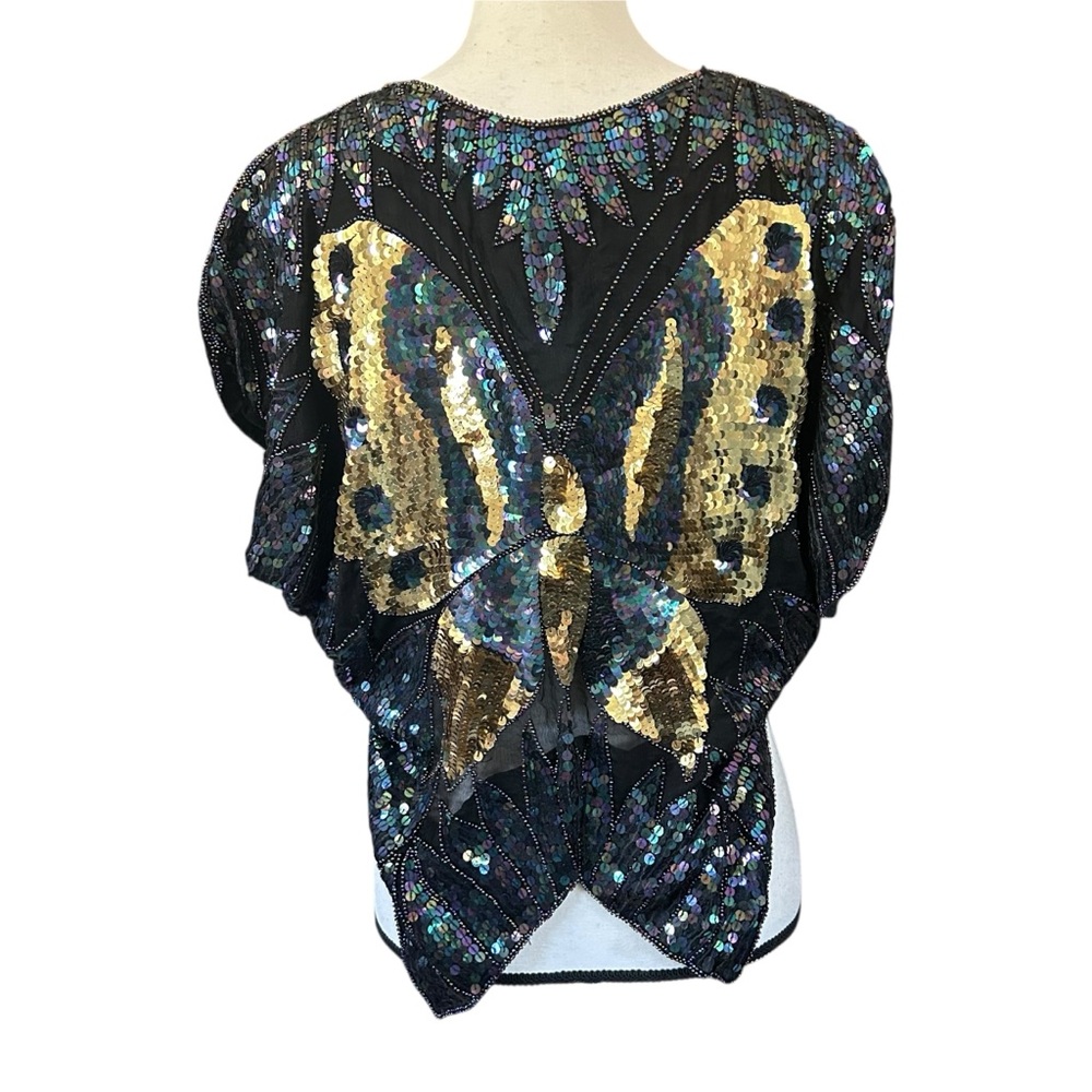 Vintage 70s Dark Rainbow & Gold Sequin Butterfly Top 100% Silk Festival Boho OS - Picture 4 of 17